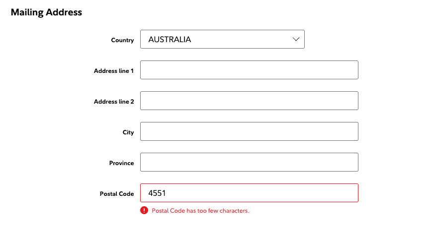 Contact form postal code stuck in US 5-digit validation despite a non-US country selection