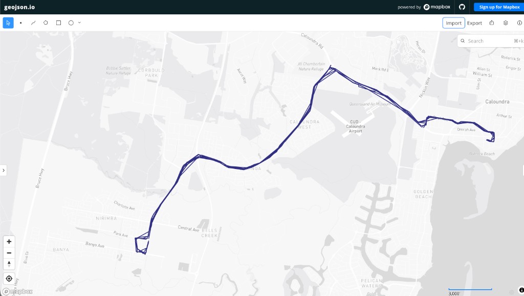 Multiple trips after cleaning — parallel lines following the road network through Caloundra