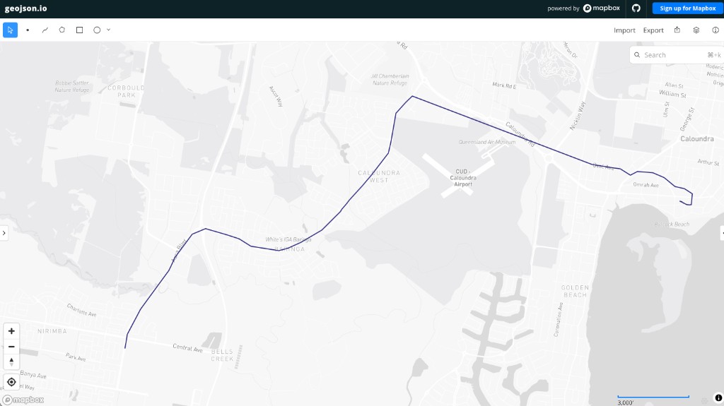 Single trip for a Translink bus route plotted on a map — a clean line following roads through Caloundra